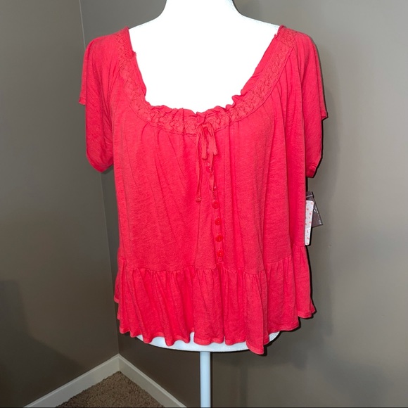 Free People Ruffled Red Henley Blouse - Picture 2 of 9